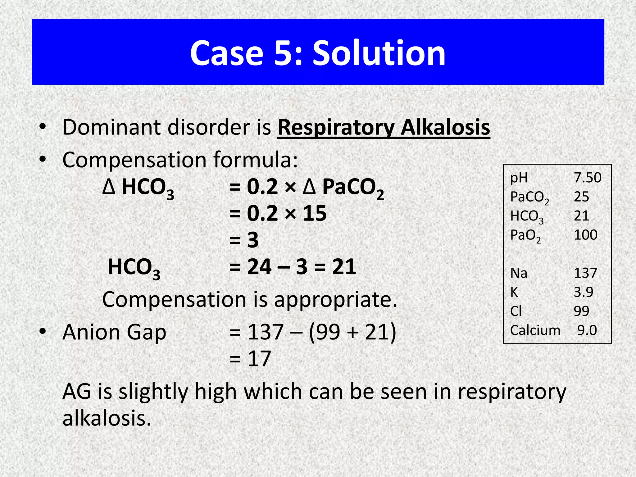 Case 5: Solution
• Dominant disorder is Respiratory Alkalosis
• Compensation formula:
Δ HCO3 = 0.2 × Δ PaCO2
= 0.2 × 15
= 3
HCO3 = 24 – 3 = 21
Compensation is appropriate.
• Anion Gap = 137 – (99 + 21)
= 17
AG is slightly high which can be seen in respiratory
alkalosis.
pH 7.50
PaCO2 25
HCO3 21
PaO2 100
Na 137
K 3.9
Cl 99
Calcium 9.0
 