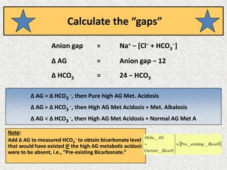 Calculate the “gaps”
Anion gap = Na+ − [Cl− + HCO3
−]
Δ AG = Anion gap − 12
Δ HCO3 = 24 − HCO3
Δ AG = Δ HCO3
−, then Pure high AG Met. Acidosis
Δ AG > Δ HCO3
−, then High AG Met Acidosis + Met. Alkalosis
Δ AG < Δ HCO3
−, then High AG Met Acidosis + Normal AG Met A
Note:
Add Δ AG to measured HCO3
− to obtain bicarbonate level
that would have existed IF the high AG metabolic acidosis
were to be absent, i.e., “Pre-existing Bicarbonate.”
 Bicarbexistinge
BicarbCurrent
AGDelta
__Pr
_
_












 