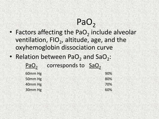 PaO2
• Factors affecting the PaO2 include alveolar
ventilation, FIO2, altitude, age, and the
oxyhemoglobin dissociation curve
• Relation between PaO2 and SaO2:
PaO2 corresponds to SaO2
60mm Hg 90%
50mm Hg 80%
40mm Hg 70%
30mm Hg 60%
 