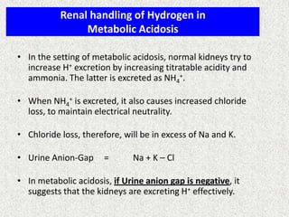 Renal handling of Hydrogen in
Metabolic Acidosis
• In the setting of metabolic acidosis, normal kidneys try to
increase H+ excretion by increasing titratable acidity and
ammonia. The latter is excreted as NH4
+.
• When NH4
+ is excreted, it also causes increased chloride
loss, to maintain electrical neutrality.
• Chloride loss, therefore, will be in excess of Na and K.
• Urine Anion-Gap = Na + K – Cl
• In metabolic acidosis, if Urine anion gap is negative, it
suggests that the kidneys are excreting H+ effectively.
 