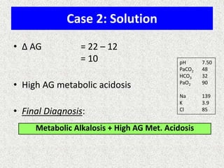 Case 2: Solution
• Δ AG = 22 – 12
= 10
• High AG metabolic acidosis
• Final Diagnosis:
Metabolic Alkalosis + High AG Met. Acidosis
pH 7.50
PaCO2 48
HCO3 32
PaO2 90
Na 139
K 3.9
Cl 85
 