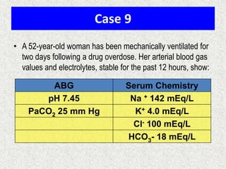 Case 9
• A 52-year-old woman has been mechanically ventilated for
two days following a drug overdose. Her arterial blood gas
values and electrolytes, stable for the past 12 hours, show:
ABG Serum Chemistry
pH 7.45 Na + 142 mEq/L
PaCO2 25 mm Hg K+ 4.0 mEq/L
Cl- 100 mEq/L
HCO3- 18 mEq/L
 