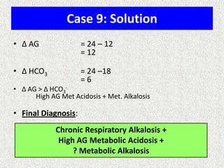 Case 9: Solution
• Δ AG = 24 – 12
= 12
• Δ HCO3 = 24 –18
= 6
• Δ AG > Δ HCO3
-
High AG Met Acidosis + Met. Alkalosis
• Final Diagnosis:
Chronic Respiratory Alkalosis +
High AG Metabolic Acidosis +
? Metabolic Alkalosis
 