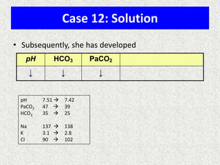 Case 12: Solution
• Subsequently, she has developed
pH HCO3 PaCO2
↓ ↓ ↓
pH 7.51  7.42
PaCO2 47  39
HCO3 35  25
Na 137  138
K 3.1  2.8
Cl 90  102
 