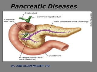 Pancreatic Diseases
Dr/ ABD ALLAH NAZEER. MD.
 