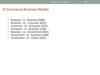 By Enhance IT Solutions 12
E-Commerce Business Models
• Business - to - Business (B2B)
• Business - to - Consumer (B2C)
• Consumer - to - Consumer (C2C)
• Consumer - to - Business (C2B)
• Business - to - Government (B2G)
• Government - to - Business (G2B)
• Government - to - Citizen (G2C)
 