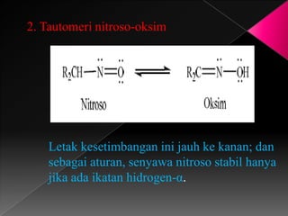 2. Tautomeri nitroso-oksim
Letak kesetimbangan ini jauh ke kanan; dan
sebagai aturan, senyawa nitroso stabil hanya
jika ada ikatan hidrogen-α.
 