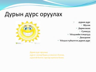 Дурын дүрс оруулах
• дурын дүрс
• Шугам
• Дөрвөлжин
• Сумнууд
• Үйлдлийн тэмдгүүд
• Диаграмм
• Үйлдэл гүйцэтгэх дурын дүрс
Дурын дүрс оруулаад
дүрсээ өнгөөр будаж,3 хэмжээст болгож,
хүрээтэй болгох зэргээр өөрчилж болно.
 