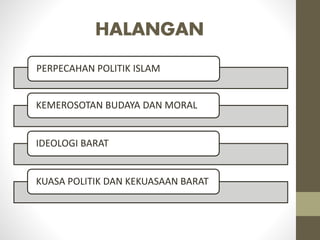 HALANGAN
PERPECAHAN POLITIK ISLAM
KEMEROSOTAN BUDAYA DAN MORAL
IDEOLOGI BARAT
KUASA POLITIK DAN KEKUASAAN BARAT
 