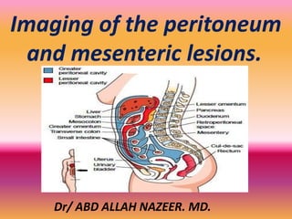 Imaging of the peritoneum
and mesenteric lesions.
Dr/ ABD ALLAH NAZEER. MD.
 