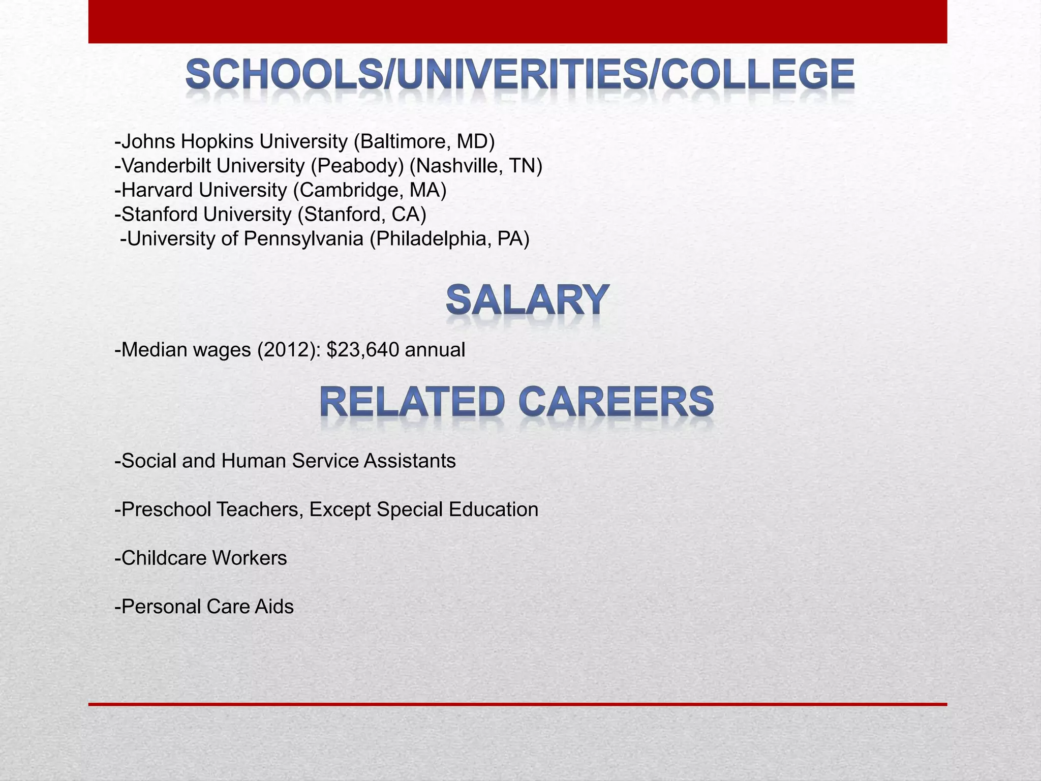 -Johns Hopkins University (Baltimore, MD)
-Vanderbilt University (Peabody) (Nashville, TN)
-Harvard University (Cambridge, MA)
-Stanford University (Stanford, CA)
-University of Pennsylvania (Philadelphia, PA)
-Median wages (2012): $23,640 annual
-Social and Human Service Assistants
-Preschool Teachers, Except Special Education
-Childcare Workers
-Personal Care Aids
 