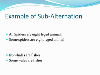 Example of Sub-Alternation
 All Spiders are eight leged animal.
 Some spiders are eight leged animal
 No whales are fishes
 Some wales are fishes
 
