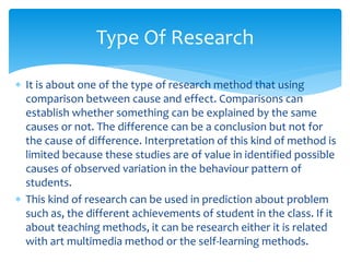  It is about one of the type of research method that using
comparison between cause and effect. Comparisons can
establish whether something can be explained by the same
causes or not. The difference can be a conclusion but not for
the cause of difference. Interpretation of this kind of method is
limited because these studies are of value in identified possible
causes of observed variation in the behaviour pattern of
students.
 This kind of research can be used in prediction about problem
such as, the different achievements of student in the class. If it
about teaching methods, it can be research either it is related
with art multimedia method or the self-learning methods.
Type Of Research
 