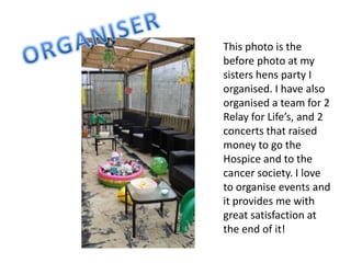 This photo is the
before photo at my
sisters hens party I
organised. I have also
organised a team for 2
Relay for Life’s, and 2
concerts that raised
money to go the
Hospice and to the
cancer society. I love
to organise events and
it provides me with
great satisfaction at
the end of it!
 