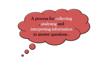 A process for collecting
, analysing and
interpreting information
to answer questions .
 