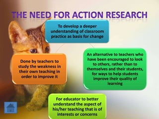 To develop a deeper
understanding of classroom
practice as basis for change
An alternative to teachers who
have been encouraged to look
to others, rather than to
themselves and their students,
for ways to help students
improve their quality of
learning
For educator to better
understand the aspect of
his/her teaching that is of
interests or concerns
Done by teachers to
study the weakness in
their own teaching in
order to improve it
 