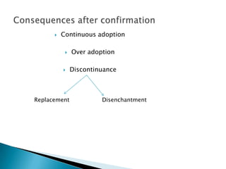  Continuous adoption
 Over adoption
 Discontinuance
Replacement Disenchantment
 
