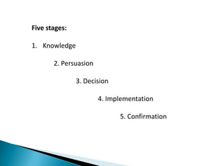 “The process through which an individual (or other decision-
making unit) passes
(1)from first knowledge of an innovation,
(2)to forming an attitude toward the innovation,
(3)to a decision to adopt or reject,
(4)to implementation of the new idea,
(5)and to confirmation of this decision”.
 