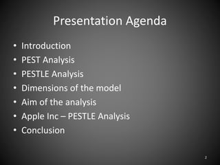 Presentation Agenda
• Introduction
• PEST Analysis
• PESTLE Analysis
• Dimensions of the model
• Aim of the analysis
• Apple Inc – PESTLE Analysis
• Conclusion
2
 