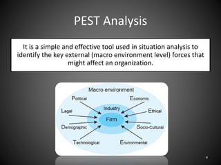 PEST Analysis
It is a simple and effective tool used in situation analysis to
identify the key external (macro environment level) forces that
might affect an organization.
4
 