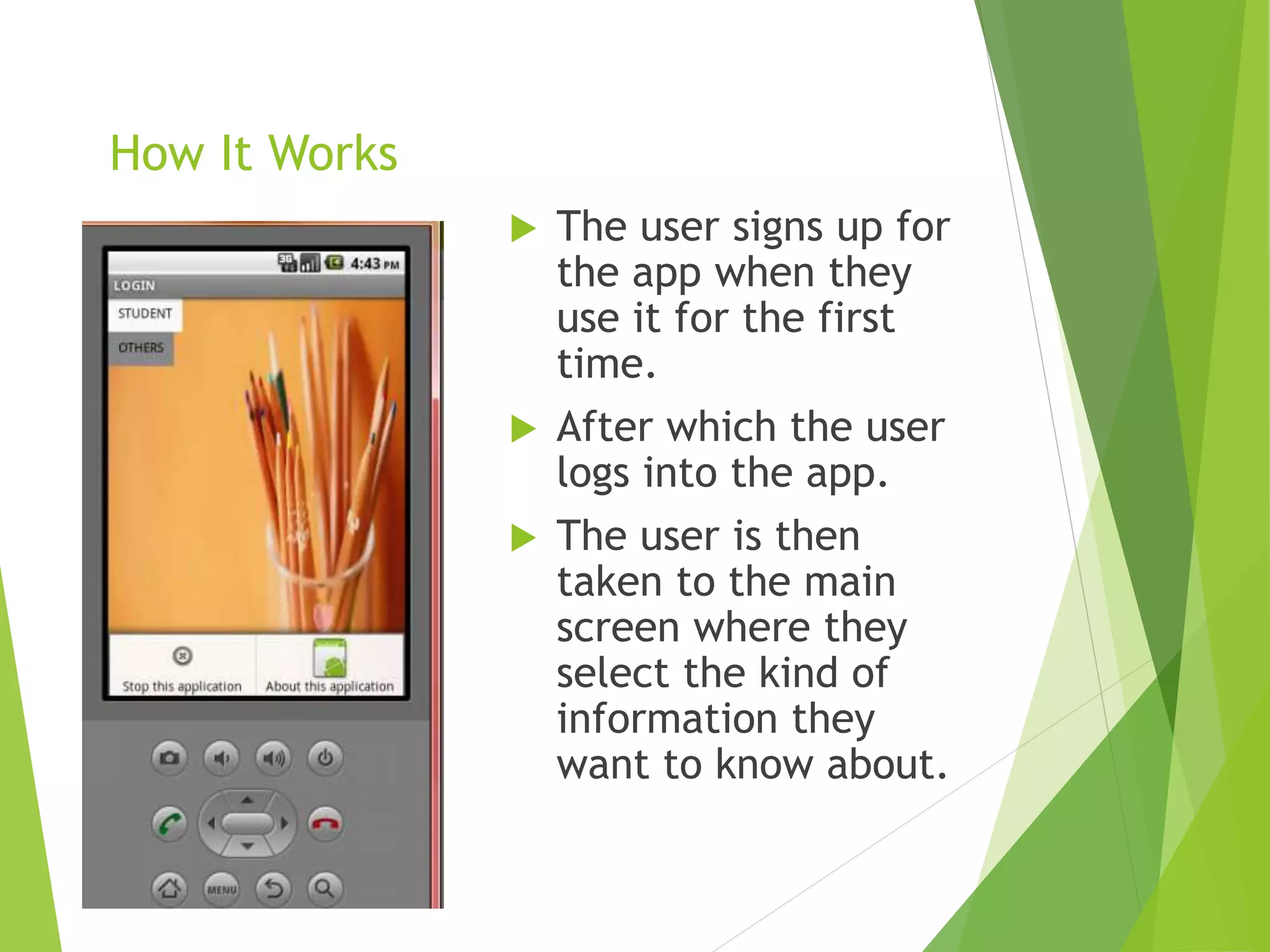 How It Works
 The user signs up for
the app when they
use it for the first
time.
 After which the user
logs into the app.
 The user is then
taken to the main
screen where they
select the kind of
information they
want to know about.
 