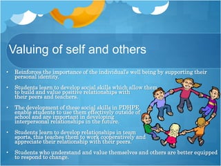 Valuing of self and others
• Reinforces the importance of the individual’s well being by supporting their
personal identity.
• Students learn to develop social skills which allow them
to build and value positive relationships with
their peers and teachers.
• The development of these social skills in PDHPE
enable students to use them effectively outside of
school and are important in developing
interpersonal relationships in the future.
• Students learn to develop relationships in team
sports, this teaches them to work cooperatively and
appreciate their relationship with their peers.
• Students who understand and value themselves and others are better equipped
to respond to change.
 