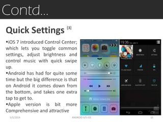 Contd…
Quick Settings
iOS 7 introduced Control Center;
which lets you toggle common
settings, adjust brightness and
control music with quick swipe
up.
Android has had for quite some
time but the big difference is that
on Android it comes down from
the bottom, and takes one extra
tap to get to.
Apple version is bit more
Comprehensive and attractive
5/5/2014 15ANDROID V/S iOS
[3]
 