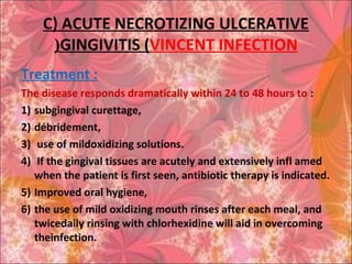 C) ACUTE NECROTIZING ULCERATIVE
GINGIVITIS (VINCENT INFECTION(
Treatment :
The disease responds dramatically within 24 to 48 hours to :
1) subgingival curettage,
2) débridement,
3) use of mildoxidizing solutions.
4) If the gingival tissues are acutely and extensively infl amed
when the patient is first seen, antibiotic therapy is indicated.
5) Improved oral hygiene,
6) the use of mild oxidizing mouth rinses after each meal, and
twicedaily rinsing with chlorhexidine will aid in overcoming
theinfection.
 