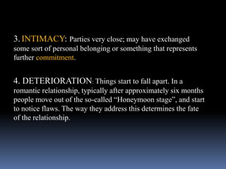3. INTIMACY: Parties very close; may have exchanged
some sort of personal belonging or something that represents
further commitment.
4. DETERIORATION: Things start to fall apart. In a
romantic relationship, typically after approximately six months
people move out of the so-called “Honeymoon stage”, and start
to notice flaws. The way they address this determines the fate
of the relationship.
 