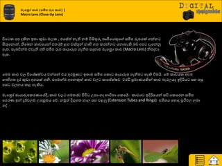 මැවරෝ කාච (සමීන රූන කාච) |
Macro Lens (Close-Up Lens)
ිතය ර අප දකින ඉත්‍ා කුඩා මෙර , එයසේත් නැති නේ ිතසිතුරු ත්‍ෘමියයකුය සමීප රූපයක් ගන්න
සිතුයනොත්, තියදන රාචයයන් එත්‍ණේ ළග වස්තූන් නාභි ගත්‍ රණන්න යනොහැකි දව අප දැයනුව
ඇත්‍. සැදිතන්ම එවැනි අති සමීප රූප ඡායාරූප ගැනීම සදහාම මැයක්‍රො රාච (Macro Lens) නිපදවා
ඇත්‍.
යමම රාච වෙ ිතයශ්‍ේෂත්වය වන්යන් එය අණුකය ඉත්‍ාම සමීප යරො ඡායාරූප ගැනීම හැකි වීමයි. යේ රාචයර අවම
නාභිගත්‍ දුණ කුඩා අගයක් ගනී. එයමන්ම අයනකුත් රාච වෙ සායප්ක්ෂව වණඩි ප්‍රමායයකින් රාච දැණෙයද ඉදිරිය සහ පසු
පස චෙනය රළ හැකිය.
මැයක්‍රෝ ඡායාරූපරණයයේී, රාච වෙ අමත්‍ණව ිතිත පපාවගද ාාිතත්‍ා යරය්ණ. රාචය ඉදිරියයන් සිත යරයණන සමීප
යපණය ඉන් දු්ණවෙම පපක්‍රමය යේ. නුකත් දිගුගත්‍ නාෙ සහ වළලු (Extension Tubes and Rings) අතිශ්‍ය යහොද ප්‍රථිඵෙ ෙදා
යව.
 