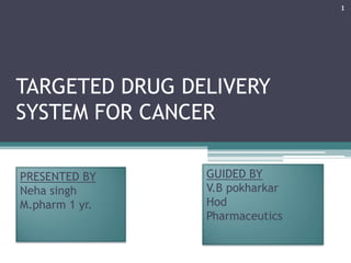 TARGETED DRUG DELIVERY
SYSTEM FOR CANCER
PRESENTED BY
Neha singh
M.pharm 1 yr.
GUIDED BY
V.B pokharkar
Hod
Pharmaceutics
1
 