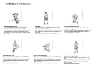 Dumbbell Exercises for Shoulders
Back SupportedShoulder Press
Sit on a bench with support for you back and hold two
dumbbells at shoulder level, palms facing each other.
Raise the dumbbells straight up until your elbows come close
to locking and lower them back down after a short pause.
Be careful NOT to jerk your back in an effort to help you raise
the dumbbells.
.
Lateral Raise
Stand up and hold one dumbbell with each hand in front of
your hips, palms facing each other.
Raise the dumbbells to your sides until your arms are close to
being parallel to the ground and lower them back down after a
short pause.
Try to maintain the angles in your elbows still throughout.
Bent-Over One-Arm Deltoid Raise
Bend down and hold one dumbbell with one hand between
your legs, knees slightly bent.
Raise the dumbbell to your side until your arm is parallel to the
ground and lower it back down slowly after a short pause.
Keep your back straight throughout.
Seated Side Lateral Raise
Sit on one end of the bench and hold one dumbbell with each
hand down the side of your body.
Raise both dumbbells sideways until your arms are parallel to
the ground and lower them back down slowly after a short
pause.
Keep your back straight throughout.
Bent-Over Rear Deltoid Raise
Sit on one end of the bench and lower your body as to hold one
dumbbell in each hand just below the floor.
Raise both dumbbells to your sides until your arms are close to
being parallel to the ground and lower them back down slowly
after a short pause.
Maintain the same small arch in your elbows throughout.
Straight-Arm Front Deltoid Raise
Stand up and hold one dumbbell in each hand in front of your
thighs.
Raise the dumbbells to your shoulder level and continue on to
raising them up at arms' length and lower them back down
slowly after a pause.
Keep your arms extended throughout.
 
