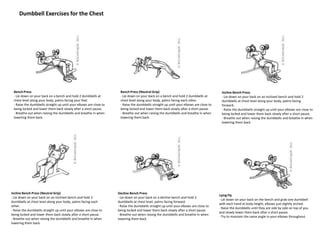 Dumbbell Exercises for the Chest
Bench Press
- Lie down on your back on a bench and hold 2 dumbbells at
chest level along your body, palms facing your feet.
- Raise the dumbbells straight up until your elbows are close to
being locked and lower them back slowly after a short pause.
- Breathe out when raising the dumbbells and breathe in when
lowering them back.
Bench Press (Neutral Grip)
- Lie down on your back on a bench and hold 2 dumbbells at
chest level along your body, palms facing each other.
- Raise the dumbbells straight up until your elbows are close to
being locked and lower them back slowly after a short pause.
- Breathe out when raising the dumbbells and breathe in when
lowering them back.
Incline Bench Press
- Lie down on your back on an inclined bench and hold 2
dumbbells at chest level along your body, palms facing
forward.
- Raise the dumbbells straight up until your elbows are close to
being locked and lower them back slowly after a short pause.
- Breathe out when raising the dumbbells and breathe in when
lowering them back.
Incline Bench Press (Neutral Grip)
- Lie down on your back on an inclined bench and hold 2
dumbbells at chest level along your body, palms facing each
other.
- Raise the dumbbells straight up until your elbows are close to
being locked and lower them back slowly after a short pause.
- Breathe out when raising the dumbbells and breathe in when
lowering them back.
Decline Bench Press
- Lie down on your back on a decline bench and hold 2
dumbbells at chest level, palms facing forward.
- Raise the dumbbells straight up until your elbows are close to
being locked and lower them back slowly after a short pause.
- Breathe out when raising the dumbbells and breathe in when
lowering them back
Lying Fly
- Lie down on your back on the bench and grab one dumbbell
with each hand at body height, elbows just slightly arched.
- Raise the dumbbells until they are side by side on top of you
and slowly lower them back after a short pause.
- Try to maintain the same angle in your elbows throughout.
 