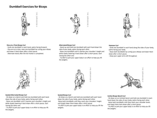 Dumbbell Exercises for Biceps
One-at-a-Time Biceps Curl
- Grab one dumbbell in each hand, palms facing forward.
- One arm at a time, raise one dumbbell by curling your elbow
and lower it back down after a short pause.
- Alternate hands after the full motion is completed.
Alternated Biceps Curl
- Stand up and hold one dumbbell with each hand down the
side of your body, palms facing each other.
- Raise one dumbbell until it reaches your shoulder's height and
while slowly lowering it back down after a short pause, start
raising the other one.
- Try NOT to jerk your upper body in an effort to help you lift
the weights.
Hammer Curl
- Grab one dumbbell in each hand along the sides of your body,
palms facing your body.
- Raise both dumbbells by curling your elbows and lower them
down after a short pause.
- Keep your upper arms still throughout.
Seated Alternated Biceps Curl
- Sit down on a bench and hold one dumbbell with each hand
down the side of your body, palms facing each other.
- Raise one dumbbell until it reaches your shoulder's height and
while slowly lowering it back down after a short pause, start
raising the other one.
- Try NOT to jerk your upper body in an effort to help you lift
the weights.
Seated Biceps Curl
- Sit down on a bench and hold one dumbbell with each hand
down the side of your body, palms facing each other.
-Raise both dumbbells until they reach your shoulders' height
and slowly lower them down after a short pause.
-Try NOT to jerk your upper body in an effort to help you lift the
weights.
Incline Biceps Bench Curl
- Sit down on an inclined bench and hold one dumbbell in each
hand down the sides of your body, palms facing each other.
- Raise both dumbbells until they reach your shoulder levels
and lower them back down after a short pause.
- Try NOT to jerk your upper body in an effort to help you lift
the weights.
 