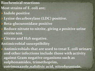 Biochemical reactions
Most strains of E. coli are;
Indole positive
Lysine decarboxylase (LDC) positive.
Beta-glucuronidase positive
Reduce nitrate to nitrite, giving a positive urine
nitrite test.
Citrate and H2S negative.
Antimicrobial susceptibility
Antimicrobials that are used to treat E. coli urinary
and other infections include those with activity
against Gram negative organisms such as
sulphonamides, trimethoprim,
cotrimoxazole,nalidixic acid, nitrofurantoin,
 