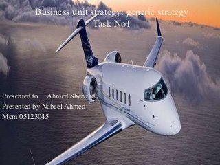 Business unit strategy: generic strategy
Task No1
Presented to Ahmed Shehzad
Presented by Nabeel Ahmed
Mcm 05123045
 