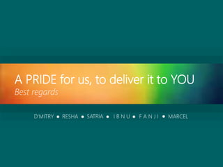 A PRIDE for us, to deliver it to YOU
Best regards
D’MITRY ● ●RESHA ●SATRIA ●I B N U ●F A N J I MARCEL
 