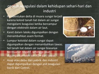 contoh koagulasi dalam kehidupan sehari-hari dan
industri
• Pembentukan delta di muara sungai terjadi
karena koloid tanah liat dalam air sungai
mengalami koagulasi ketika bercampur
dengan elektrolit dalam air laut.
• Karet dalam lateks digumpalkan dengan
menambahkan asam format.
• Lumpur koloidal dalam sungai dapat
digumpalkan dengan menambahkan tawas.
Sol tanah liat dalam air sungai biasanya
bermuatan negatif, sehingga akan
digumpalkan oleh ion Al3+ dari tawas.
• Asap atau debu dari pabrik dan industri
dapat digumpalkan dengan alat koagulasi
listrik dari Cottrel.
 