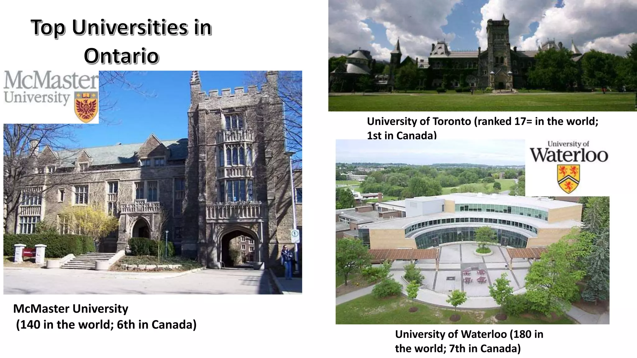University of Toronto (ranked 17= in the world;
1st in Canada)
McMaster University
(140 in the world; 6th in Canada)
University of Waterloo (180 in
the world; 7th in Canada)
 