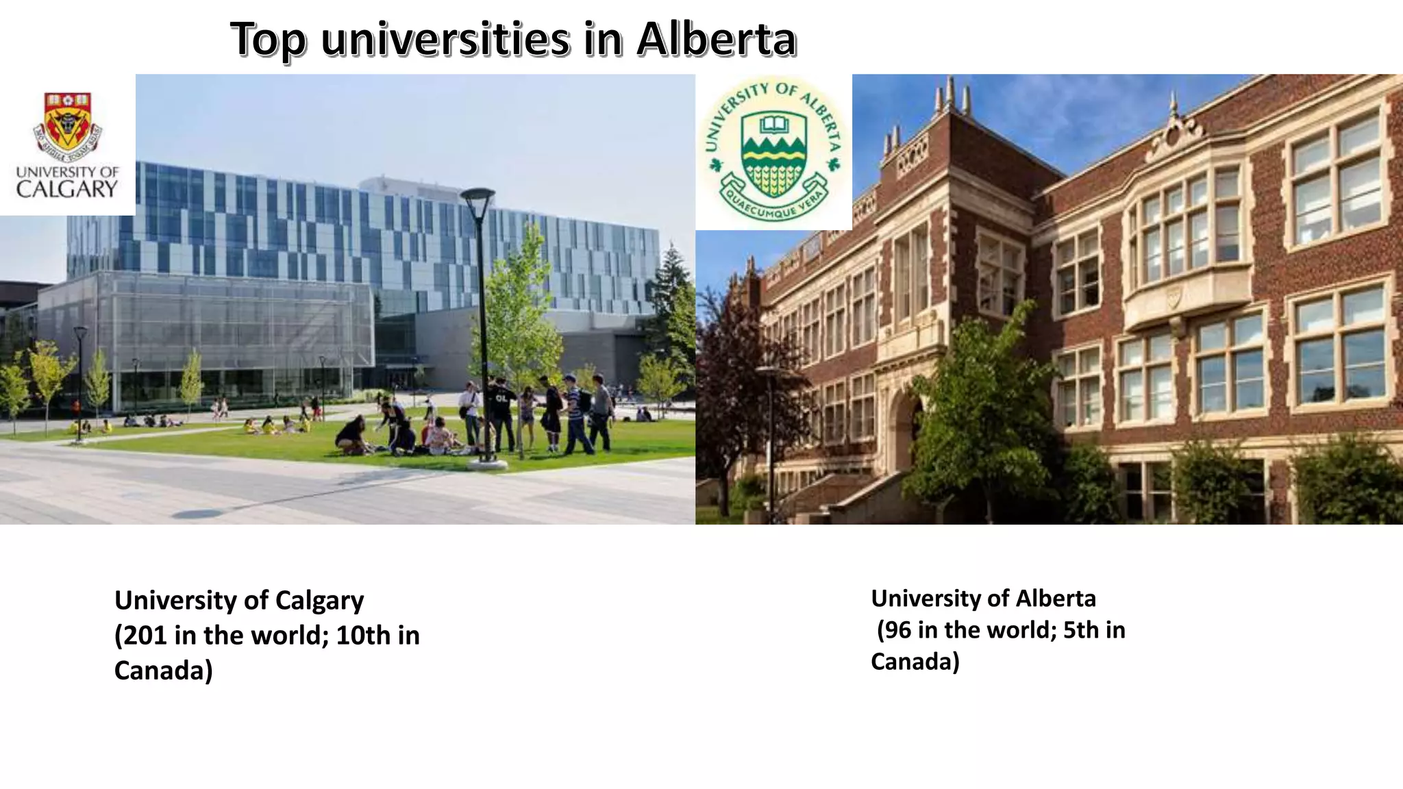 University of Alberta
(96 in the world; 5th in
Canada)
University of Calgary
(201 in the world; 10th in
Canada)
 