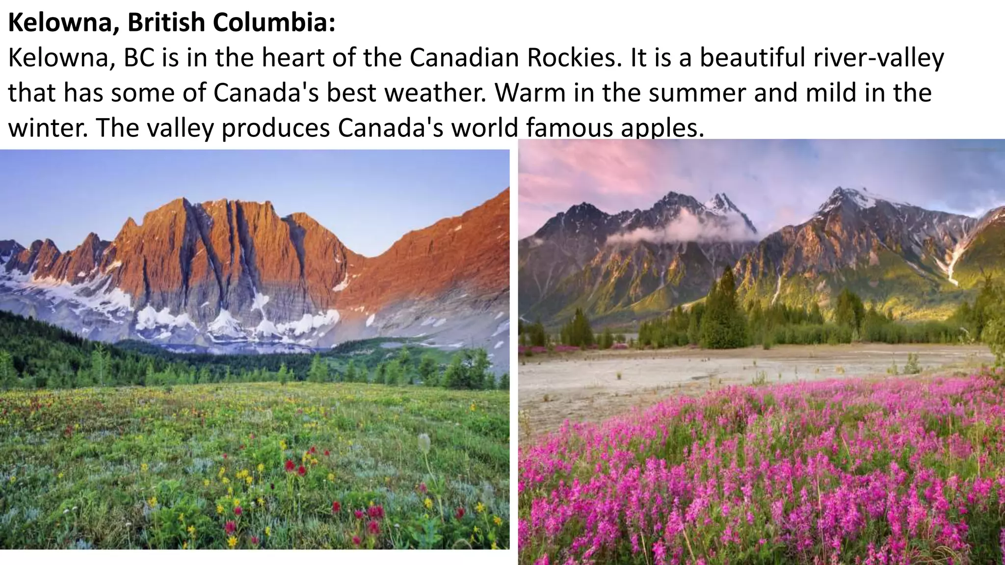 Kelowna, British Columbia:
Kelowna, BC is in the heart of the Canadian Rockies. It is a beautiful river-valley
that has some of Canada's best weather. Warm in the summer and mild in the
winter. The valley produces Canada's world famous apples.
 