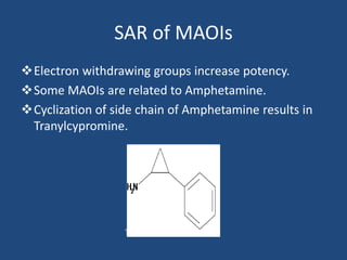 SAR of MAOIs
Electron withdrawing groups increase potency.
Some MAOIs are related to Amphetamine.
Cyclization of side chain of Amphetamine results in
Tranylcypromine.
TRANYLCYPROMINE
 