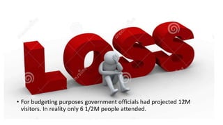 • For budgeting purposes government officials had projected 12M
visitors. In reality only 6 1/2M people attended.
 