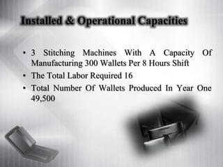 Installed & Operational Capacities
• 3 Stitching Machines With A Capacity Of
Manufacturing 300 Wallets Per 8 Hours Shift
• The Total Labor Required 16
• Total Number Of Wallets Produced In Year One
49,500
 