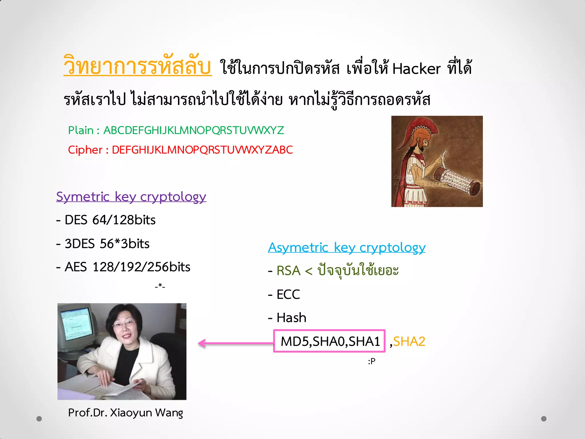 วิทยาการรหัสลับ ใชในการปกปดรหัส เพื่อใหHacker ที่ได
รหัสเราไป ไมสามารถนําไปใชไดงาย หากไมรูวิธีการถอดรหัส
Plain : ABCDEFGHIJKLMNOPQRSTUVWXYZ
Cipher : DEFGHIJKLMNOPQRSTUVWXYZABC
Symetric key cryptology
- DES 64/128bits
- 3DES 56*3bits
- AES 128/192/256bits
-*-
Asymetric key cryptology
- RSA < ปจจุบันใชเยอะ
- ECC
- Hash
MD5,SHA0,SHA1 ,SHA2
:P
Prof.Dr. Xiaoyun Wang
 