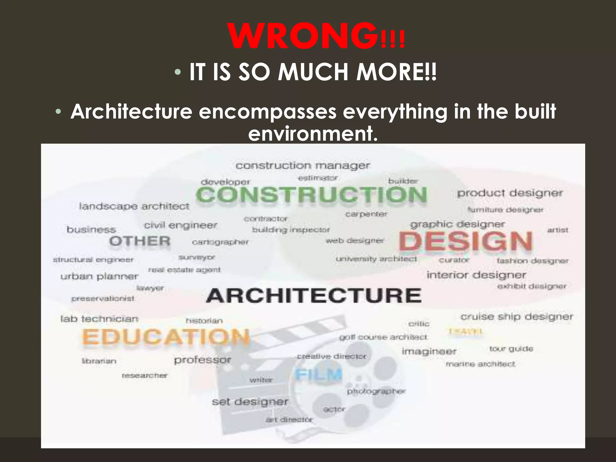 WRONG!!!
• IT IS SO MUCH MORE!!
• Architecture encompasses everything in the built
environment.
 