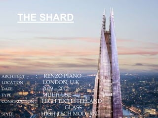 THE SHARD
ARCHITECT : RENZO PIANO
LOCATION : LONDON, U.K
DATE : 2009 – 2012
TYPE : MULTI USE
CONSTRUCTION : HIGH TECH STEELAND
GLASS
STYLE : HIGH TECH MODERN
 