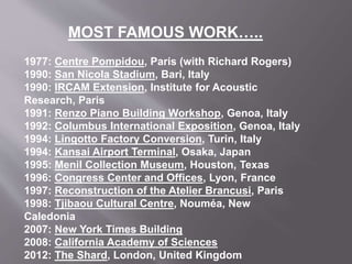 1977: Centre Pompidou, Paris (with Richard Rogers)
1990: San Nicola Stadium, Bari, Italy
1990: IRCAM Extension, Institute for Acoustic
Research, Paris
1991: Renzo Piano Building Workshop, Genoa, Italy
1992: Columbus International Exposition, Genoa, Italy
1994: Lingotto Factory Conversion, Turin, Italy
1994: Kansai Airport Terminal, Osaka, Japan
1995: Menil Collection Museum, Houston, Texas
1996: Congress Center and Offices, Lyon, France
1997: Reconstruction of the Atelier Brancusi, Paris
1998: Tjibaou Cultural Centre, Nouméa, New
Caledonia
2007: New York Times Building
2008: California Academy of Sciences
2012: The Shard, London, United Kingdom
MOST FAMOUS WORK…..
 
