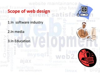 Scope of web design
1.In software industry
2.In media
3.In Education
