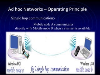 Ad hoc Networks – Operating Principle
Single hop communication:-
Mobile node A communicates
directly with Mobile node B when a channel is available.
 